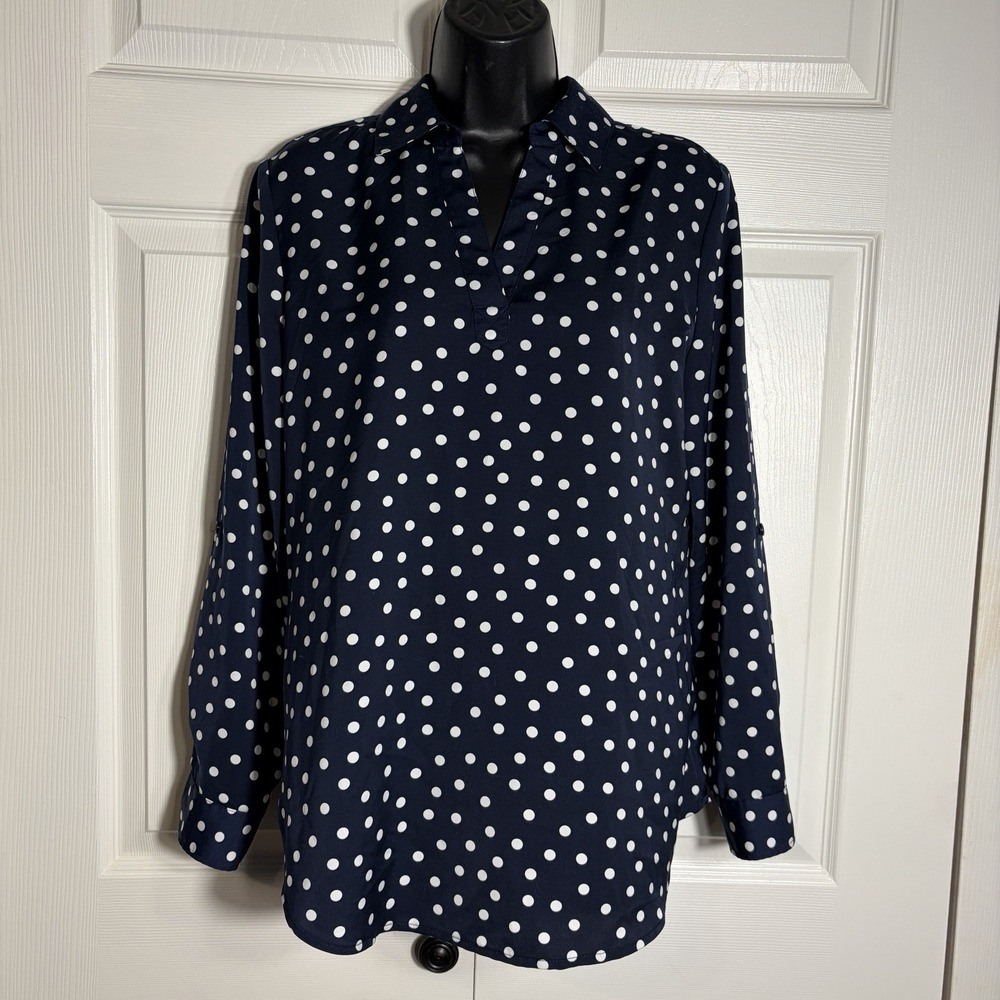 Chicos Polka Dot Tunic Top Women 0 Small Blue White Long Roll Tab Sleeve Shirt